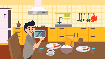 kid boy eat in the kitchen vector illustration