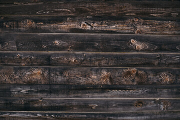 Vintage brown wood background texture with knots. Old painted wood wall. Brown abstract background. Vintage wooden dark horizontal boards. Yop view with copy space. Background for desk