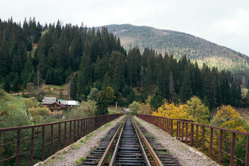 Fototapeta premium Railway bridge across a valley in the mountains in the typical Ukrainian village of Vorokhta near Hoverla, Carpathians.