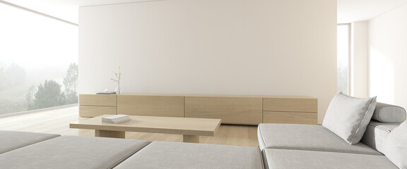 3D render of modern living room with TV cabinet and sofa on empty wall.