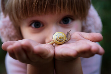 a yellow snail crawls across the palms of the girl who is looking at it