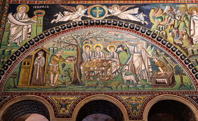 Interior of Basilica of San Vitale, which has important examples of early Christian Byzantine art and architecture. Ravenna, Emilia Romagna, Italy, Europe.