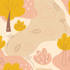 Seamless pattern abstract autumn background. Vector illustration, in a modern cartoon style, for printing on packaging paper, postcard, poster, banner, clothing. Cute children's background. 