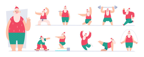 Active santa. Sport fairytale characters santa making exercises gym workout fitness in winter vector pictures. Winter activity santa, active fitness workout illustration