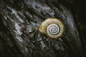 little snail on the trunk in the nature in autumn season