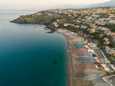 Panoramic aerial view of sea and coast of Riviera dei Cedri, Scalea, Calabria Italy.
