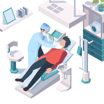 Dentist working. Doctor consulting patient recommendation for hygiene teeth dentist medical cabinet vector isometric illustration. Doctor healthcare and examination teeth