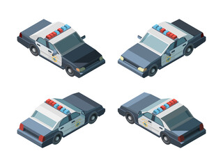 Police car. Emergency isometric vehicles different views police chase vector. Transport emergency police car, vehicle isometric and 3d automobile illustration