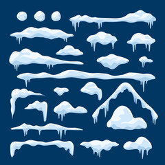 Snow caps set. Snowdrifts, snowballs, snow roof,icicles collection in cartoon style. Winter snowy elements for decoration, frames or sale labels. Frozen objects on blue background, vector illustration