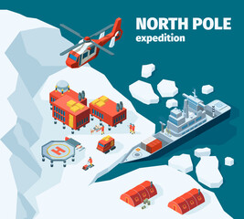 Meteorological north station. Polar north pole background explorer tourism antarctica buildings vector isometric. Ice sea shore with equipment for exploration illustration © ONYXprj