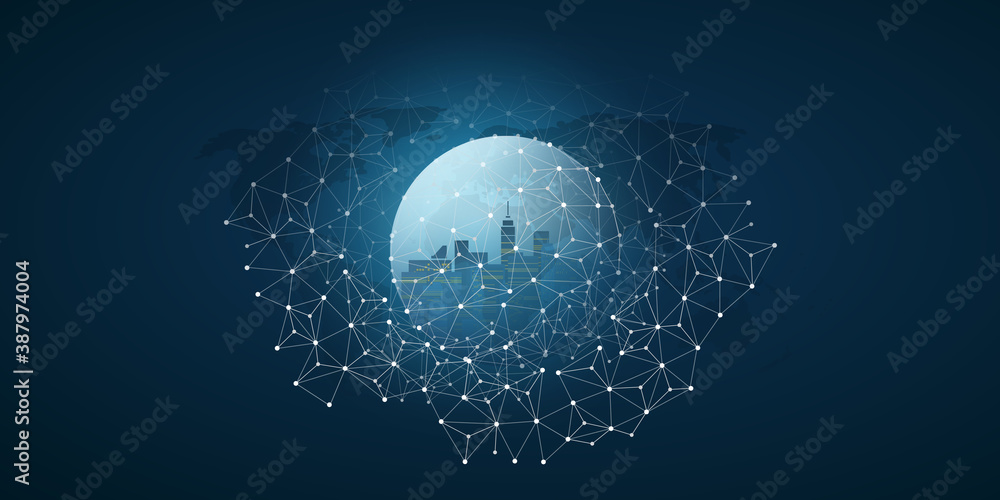 Poster futuristic smart city, iot and cloud computing design concept with polygonal mesh, cluster and nodes