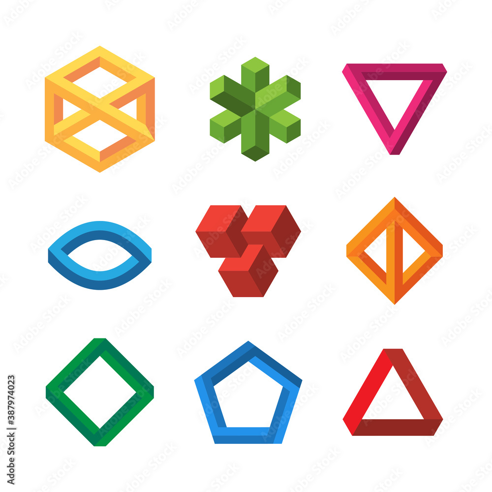Poster infinity illusions geometry. impossible 3d shapes triangles loop hexagons escher vector collection. 