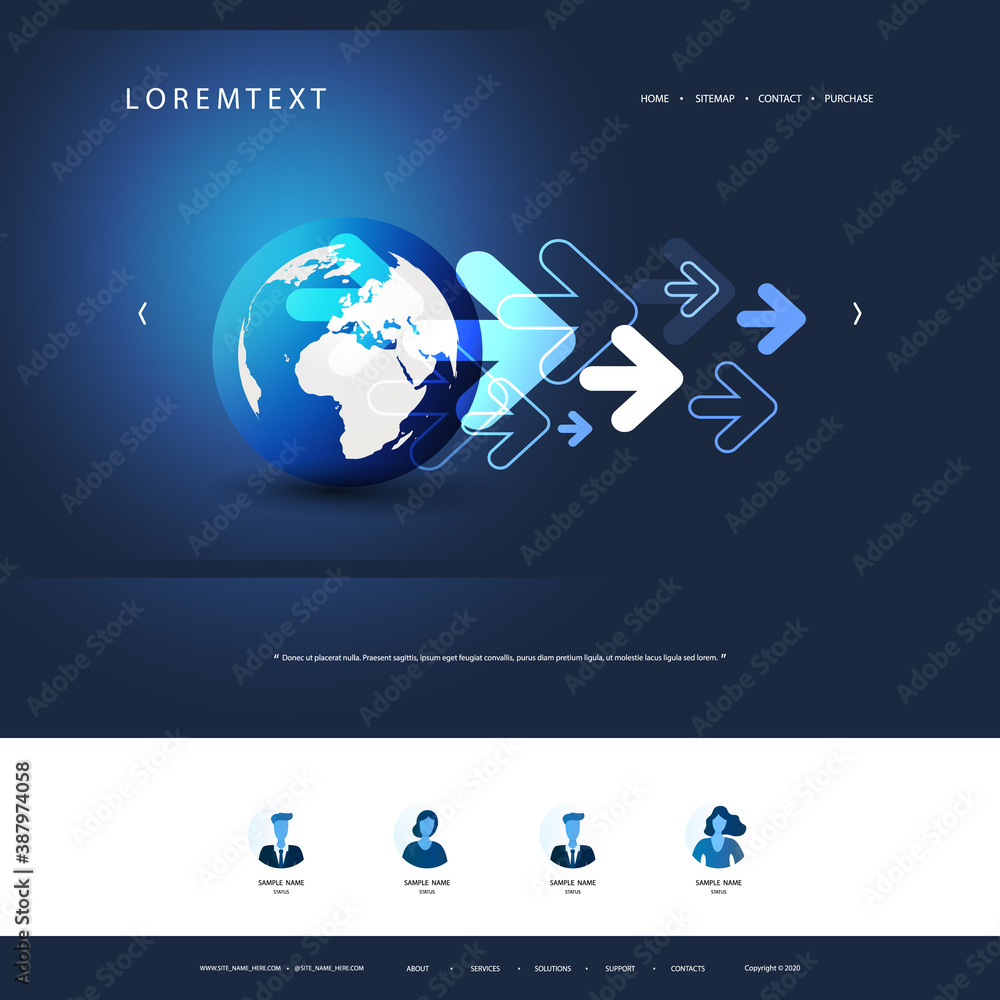 Sticker technology website design template for your business with earth globe and arrows