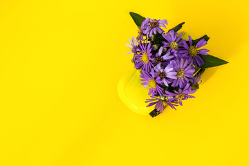 A composition of autumn flowers and a miniature car. Composition of autumn flowers on the car. The concept of delivery of flower bouquets. Purple September flowers on a bright background. Birthday gre