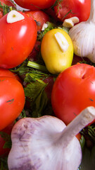 Tomatoes, spices dill, parsley, pepper, cloves, Bay leaf, celery, garlic, close-up, background,  space copy,