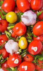 Tomatoes, spices dill, parsley, pepper, cloves, Bay leaf, celery, garlic, close-up, background, space copy,