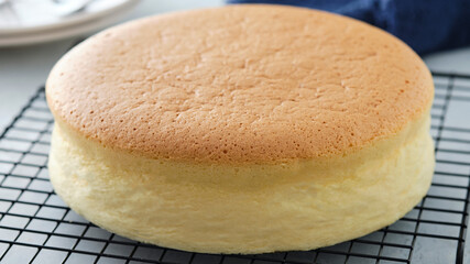 Plain classic Taiwanese traditional sponge cake. Taiwanese castella cake on a grey background table with ingredients, close up.