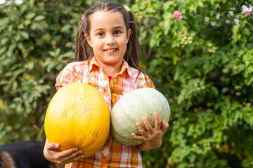 Fototapeta premium Happy Halloween, Cute little with a pumpkin in the hands.