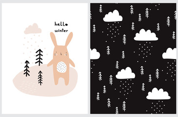 Hello Winter. Cute Woodland Vector Illustration and Seamless Pattern. Funny Hand Drawn Bunny, Snowy Cloud and Christmas Trees on a White Background. Infantile Style Print with White Trees and Clouds.