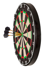 Side view on professional sisal dartboard with three gilded darts in center (bullseye), isolate on...