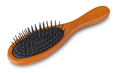 Wooden hair brush with shadow, isolated on a white background