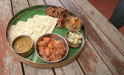 Meals served on banana leaf, a southern indian cuisine.