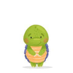 Cute cartoon character. A green turtle with a purple shell and a yellow belly stands on the floor and smiles. Isolated vector illustrations on white background.