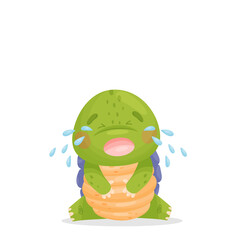 Cute cartoon character. A green turtle with a purple shell and a yellow belly sits on the floor and cries. Isolated vector illustrations on white background.