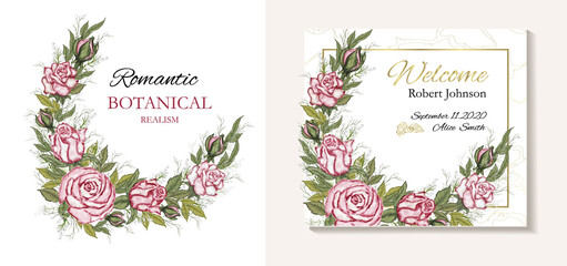 set of decorative wreaths of leaves, branches, pink roses. glitter, luxury design with gold decor,  realistic colors. for invitation cards, wedding invitations, greeting cards, holidays. vintage style