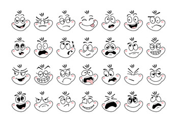 Cartoon face emoji eye. Expressive emotion eyes and mouth, smiling, crying and surprised character face. Emotions of joy, surprise, doubt, gloom, sarcasm, cunning, resentment, embarrassment