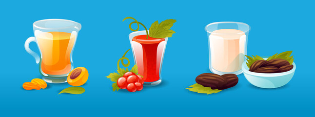 Ramadan holiday food of iftar party arabian muslim dishes. Sweet drink appricot nectar, milk, jellab drink made from dates, carob, grape molasses and rose water