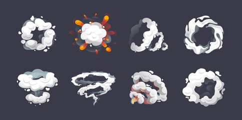 Animation for game comic explosion effect frames. Energy explosion, flame smoke cloud, energy blast with smoke, steam clouds, puff, mist, fog, watery vapour, dust explosion cartoon vector