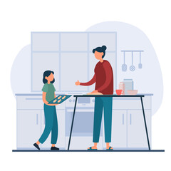 Daughter helping mother to cook pastry at home