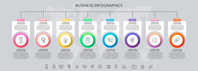 Infographics circles with 8 steps, squares. Vector template used for diagram, business, web, banner, workflow layout, presentations, flowchart, info graph, timeline, content, levels, processes diagram