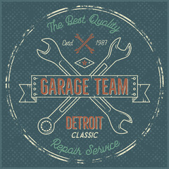 Fototapeta na wymiar Garage service vintage label, tee design. Detroit classic, repair service typography print. T-shirt stamp, teeshirt graphic, premium retro artwork. Use also as emblem, logo on web projects.