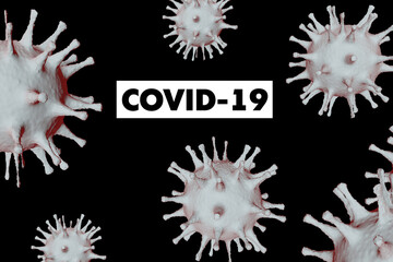 The inscription CAVID-19 on a black background with coronavirus bacteria. 3D-model.
