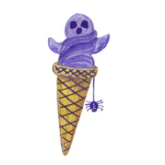 Ice cream with a ghost in a waffle cone. Illustration for Halloween. Watercolor hand drawn illustration