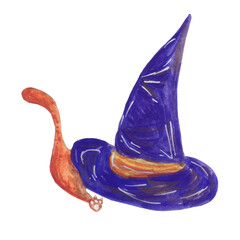 The ginger cat climbed under the witch's hat. Illustration for Halloween. Watercolor hand drawn illustration