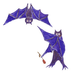 Two bats in love. Illustration for Halloween. Watercolor hand drawn illustration