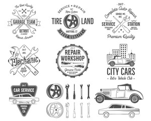 Vintage car service badges, garage repair retro labels and insignias collection. Included tire service icons and design elements. For repair workshop, classic cars auctions, clubs, tee shirt.