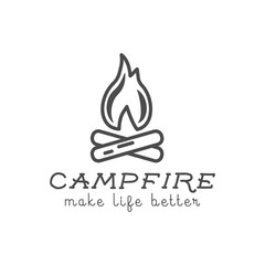 Camping logo design with typography and travel elements - campfire. text - make life better. Hiking trail, backpacking symbols in retro flat colors. Nice for prints, monohrome tee design