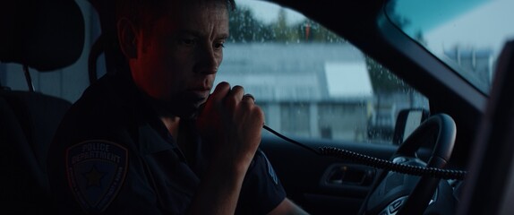 Police officer talking on CB radio while checking info on a laptop inside a car