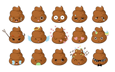 Funny cute poop emoji big set with different expressions.