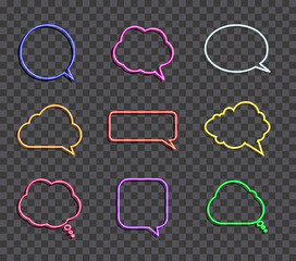 Vector Speech Bubbles, Neon Frames Isolated on Dark Transparent Background, Different Colors and Shapes, Comic Style, Line Art.