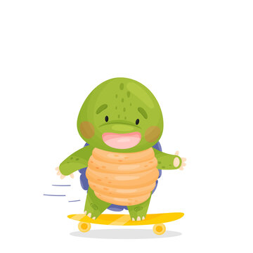 Cute cartoon character. A green turtle with a purple shell and a yellow belly rides a skateboard and laughs. Isolated vector illustrations on white background.