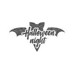 Halloween party night label template with bat, sun bursts and typography elements isolate on white. text with retro grunge effect. Stamp for halloween cards, holiday prints, tee, t shirts