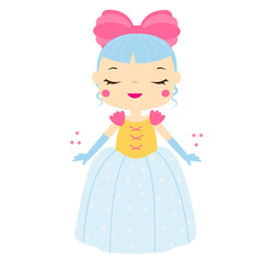 Cartoon girl in beautiful blue dress and pink bow. Cute princess.