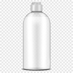 Clear plastic bottle with screw flip top cap filled with liquid on transparent background, realistic vector mockup. Liquid product container packaging, mock-up. Template for design