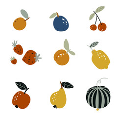 Set of garden fruits in a flat style on a white background. Autumn harvest. Doodle fruits. Hand drawn pear, peach, strawberry. Tropical organic fruit, delicious kitchen food.