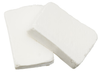 Slices feta cheese isolated on white background. Clipping path and full depth of field. Top view